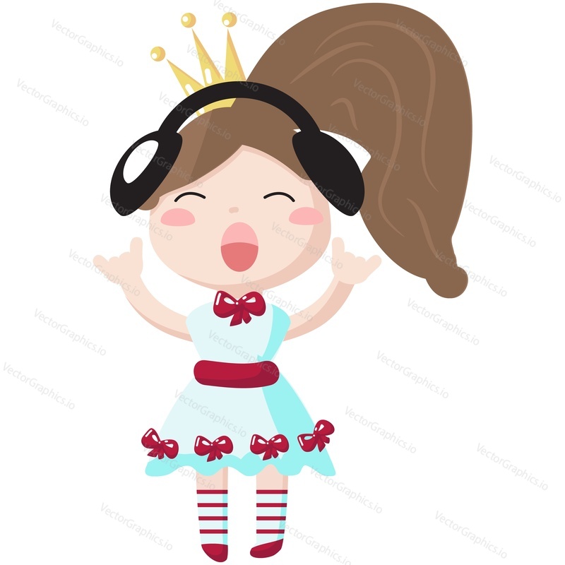 Princess vector. Cartoon girl in cute dress icon. Fairytale queen illustration. Fairy tale little child character wearing crown, pretty gown, headphones listening music and singing isolated on white