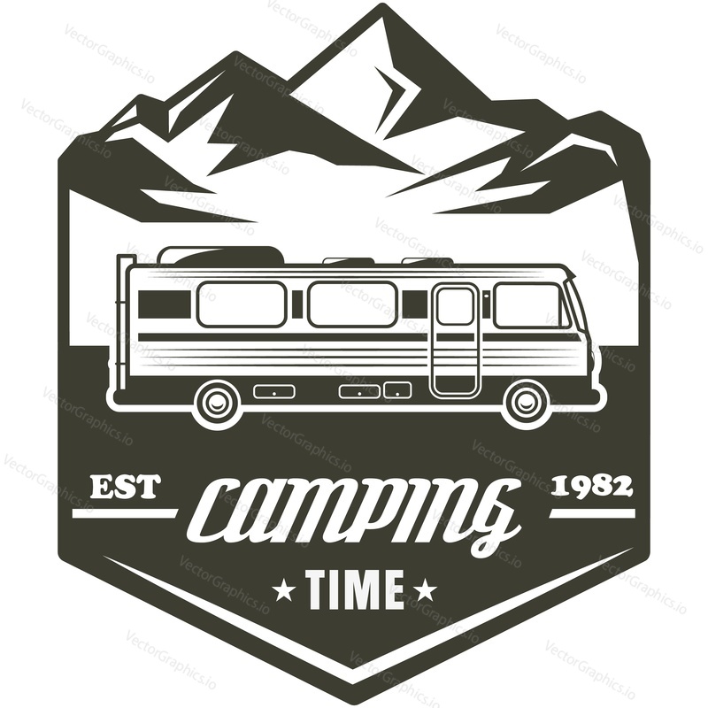 Camping time vintage vector logo. Road travel in mountain by trailer bus retro badge isolated on white background. Outdoor adventure, summer reiteration and expedition in highlands