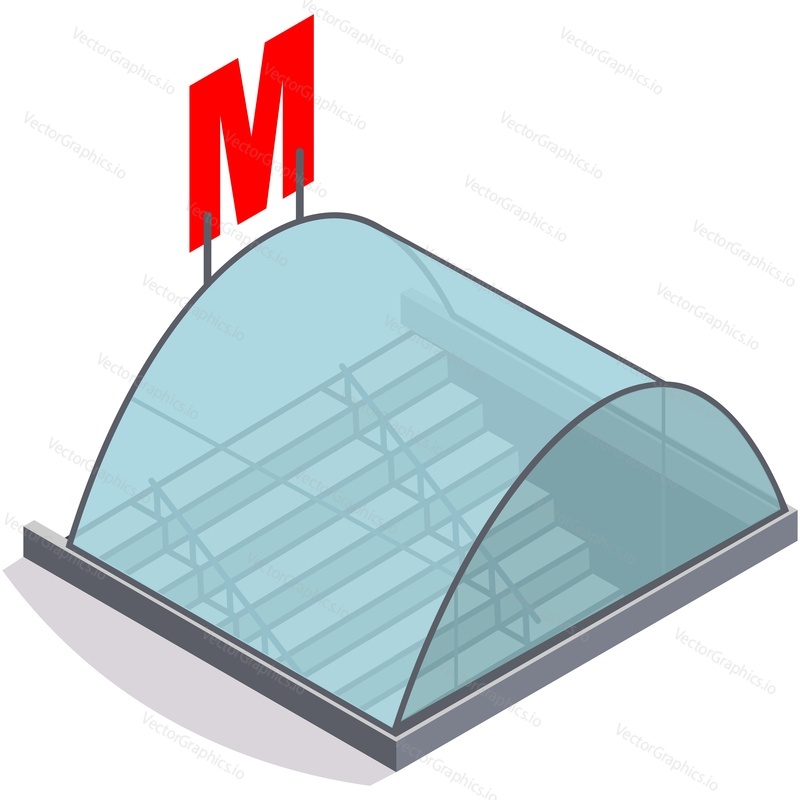 Modern railway train station entrance vector exterior. Isometric glass dome building over stairs illustration. Metro construction element for public transport