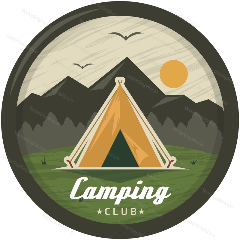 Camping club emblem odznak. Cestovní stan v horské lesní údolí v ranní vektorové ilustrace izolovaných na bílém pozadí