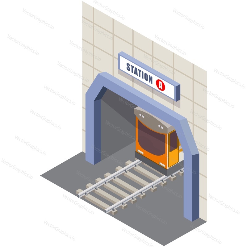 Subway tunnel with station name isometric vector. Metro train on railroad line illustration. Urban public rail transport isolated on white background