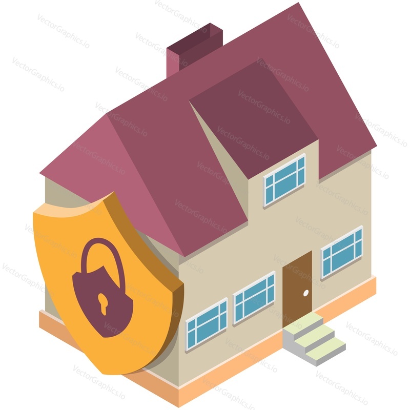 House vector. Secure home building under shield protection icon. Safe lock system, smart safety technology or iot to protect property. Real estate insurance and residential surveillance isometric logo