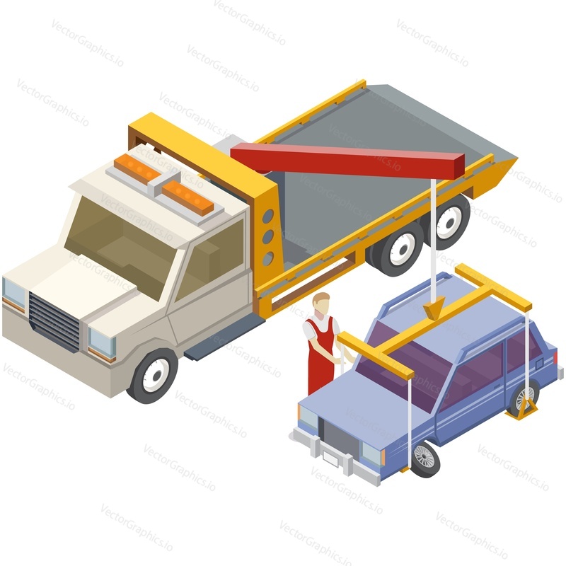 Car road accident and truck assistance emergency service vector icon. Isometric tow truck evacuator lifting crashed auto with crane illustration isolated on white background