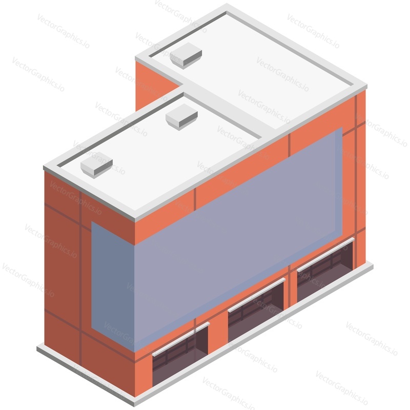 Izometrická budova města moderní obchod nebo kancelář exteriér 3D vektor. Ilustrace ikony fasády inteligentního domu pro architekturu městské mapy. Komerční nemovitosti izolovaných na bílém pozadí