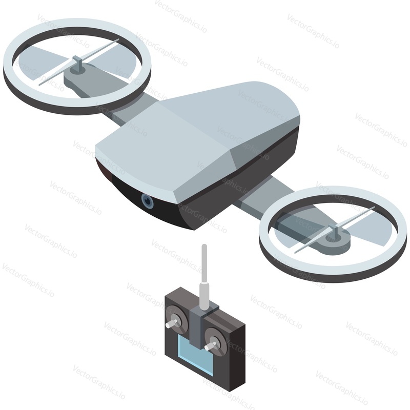 Vector drone with action camera and radio control panel isometric icon. Aerial unmanned surveillance equipment isolated on white background