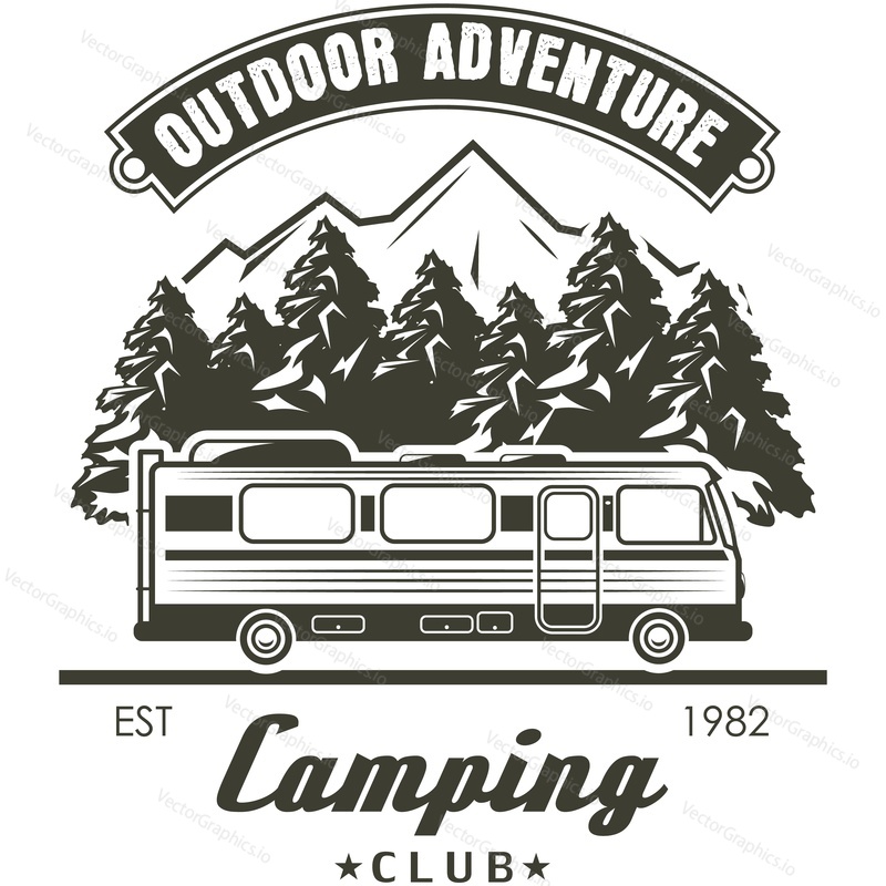 Camp logo vector. Vintage rv adventure badge. Summer road travel in forest mountain by trailer van retro emblem icon isolated on white background