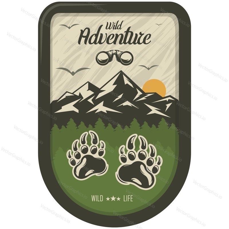 Wild adventure print retro label vector. Outdoor explore and nature discover graphic emblem isolated on white background. Wanderlust, tourism and trekking