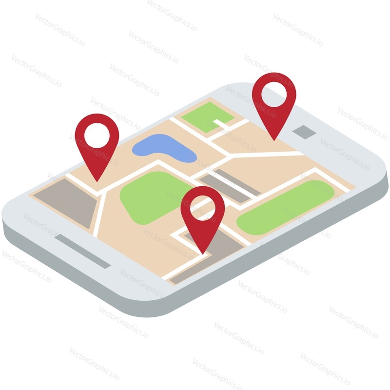 City map on isometric 3d mobile phone with pin location. Cector smartphone navigation icon for smart app illustration with road route marker. Travel tracking, taxi service or delivery logistic technology