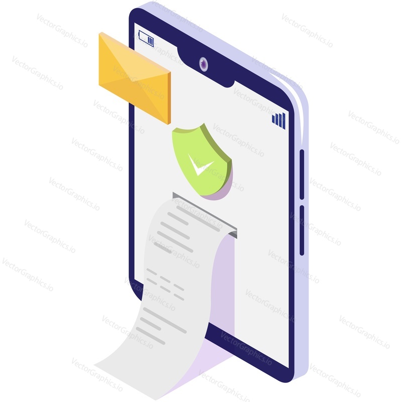 Payment and receipt bill on phone. Online pay isometric 3d vector. Tax mobile invoice mail confirmation icon. Safety virtual financial service and internet banking technology