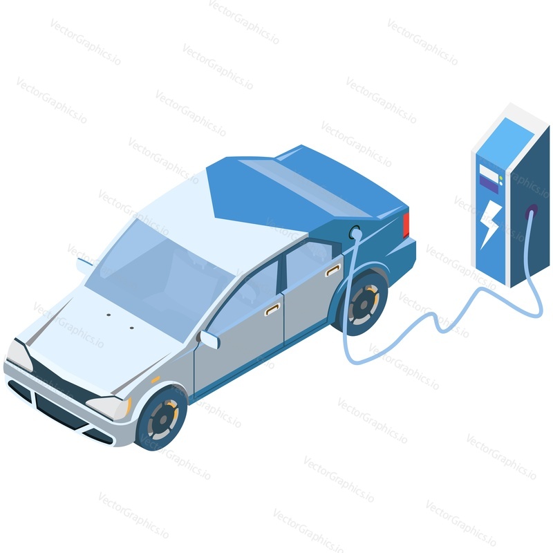 Electric car and charger station vector. Isometric vehicle with eco green battery charging via plug cable isolated on white background. Ecology automotive power, alternative fuel