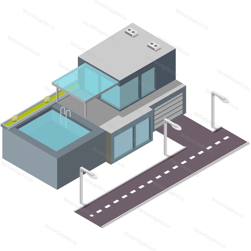 Вилла-дом с бассейном в изометрическом векторе, современная архитектура коттеджного здания в стиле лофт, внешний вид, изолированный на белом фоне