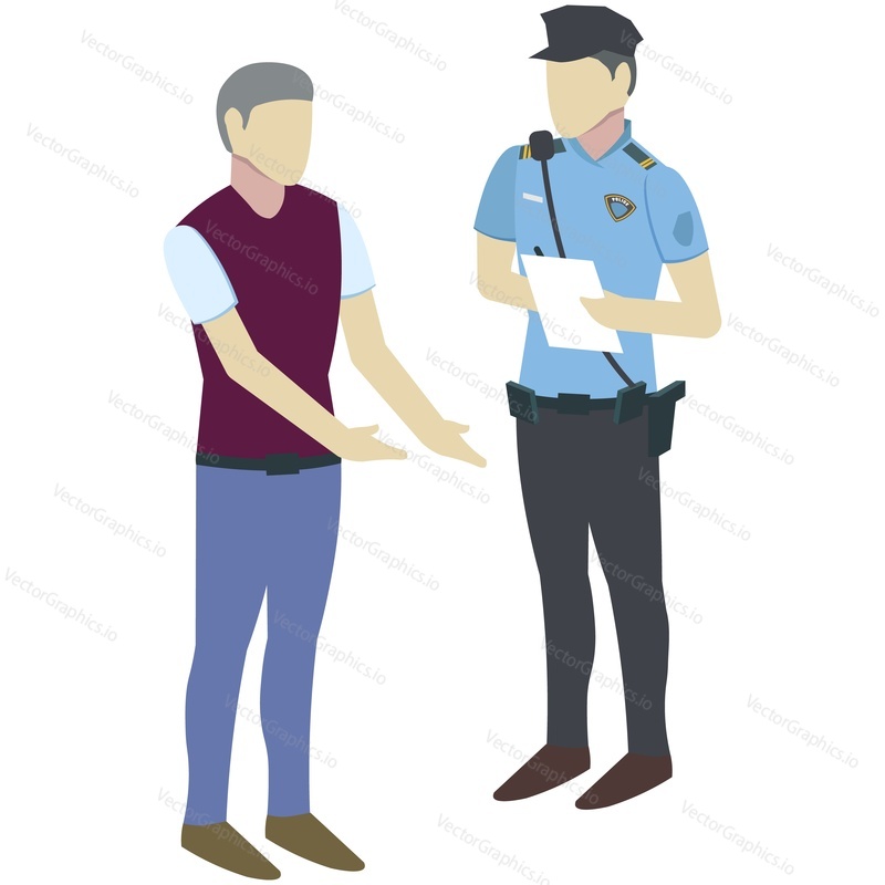 Policeman cop and man isometric vector character. Police officer in uniform taking evidence, arrest or writing fine to dweller citizen isolated on white background