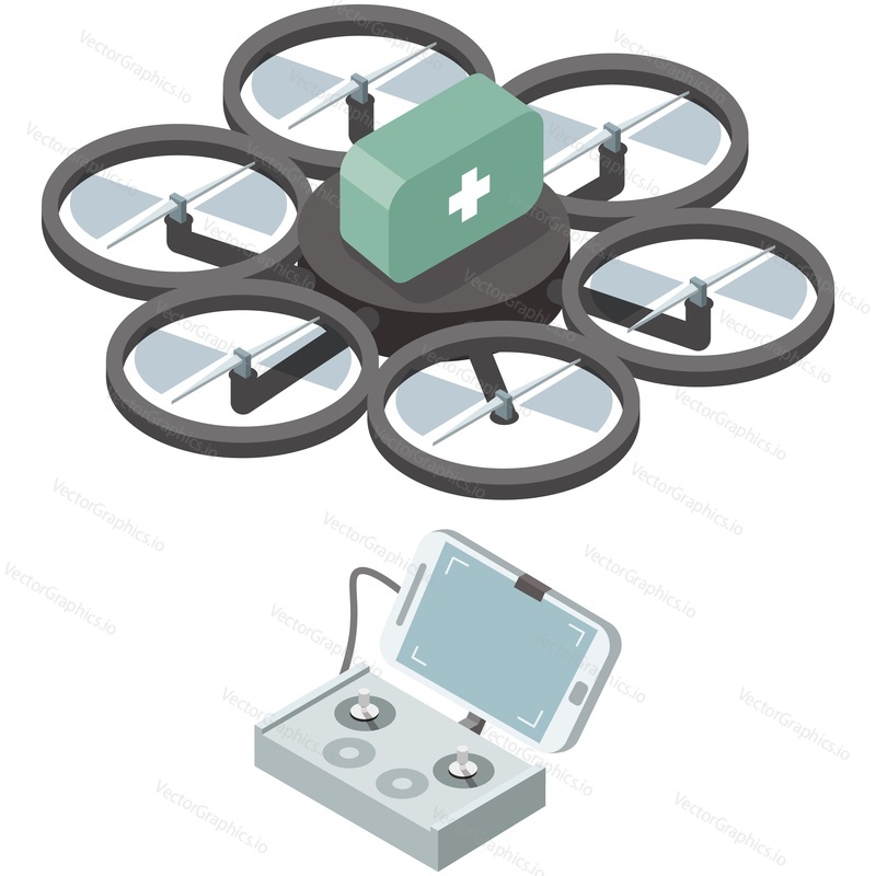 Quadcopter isometric vector. 3d multicopter with wireless radio control panel. Pharmacy order delivery, medication fast shipping and emergency first aid help technology