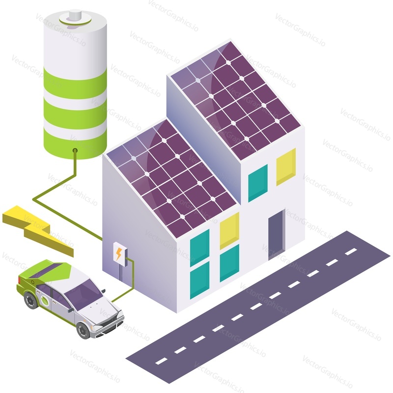 Electric solar energy power battery charger for home and car isometric vector. Family house with photovoltaic cell panel on rooftop and electrocar charging from alternative green generator