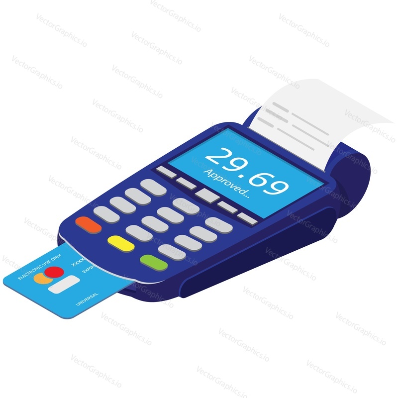 Isometric terminal pos machine for payment via bank card vector. Cashless purchase money transaction 3d icon isolated on white background