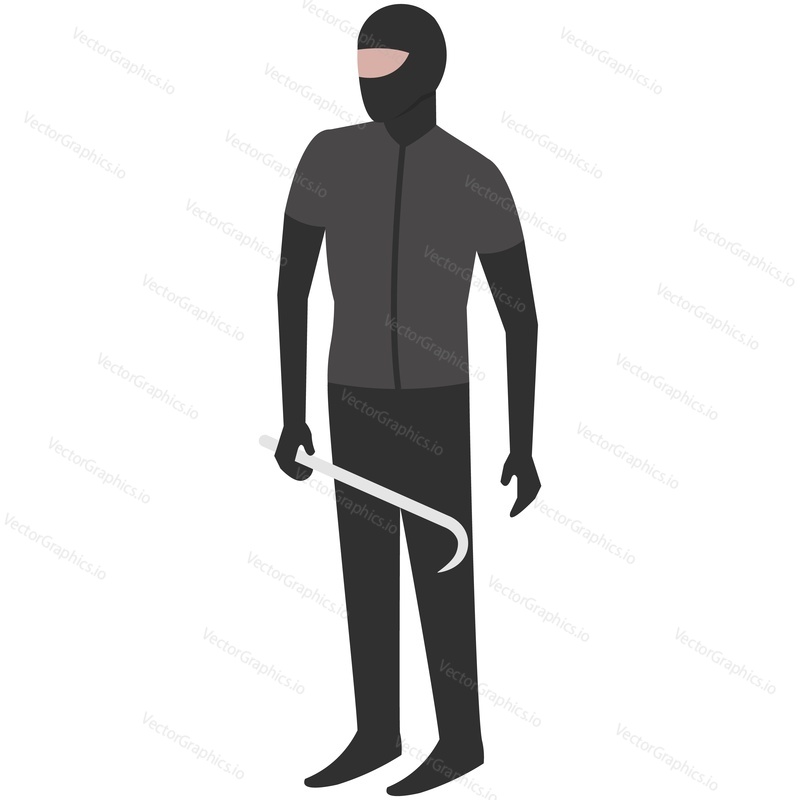 Thief, burglar or robber house robbery criminal character vector icon. man bandit in black mask with metal crowbar standing isolated on white background