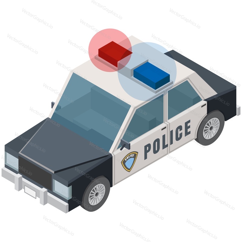 Isometric police car with siren vector icon. Patrol vehicle emergency city transport 3d illustration isolated on white background