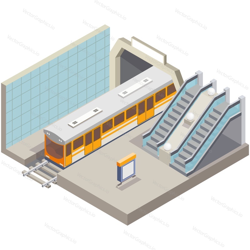 Stanice metra vector. Platforma metra izometrická železnice interiéru městského podzemního tunelu s 3D eskalátorem, kolejnicí, vagónem a billboardem