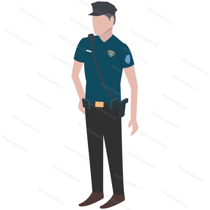 Policeman isometric vector character. Police officer security guard man in uniform isolated on white background. Patrolman or home surveillance watchman. People profession