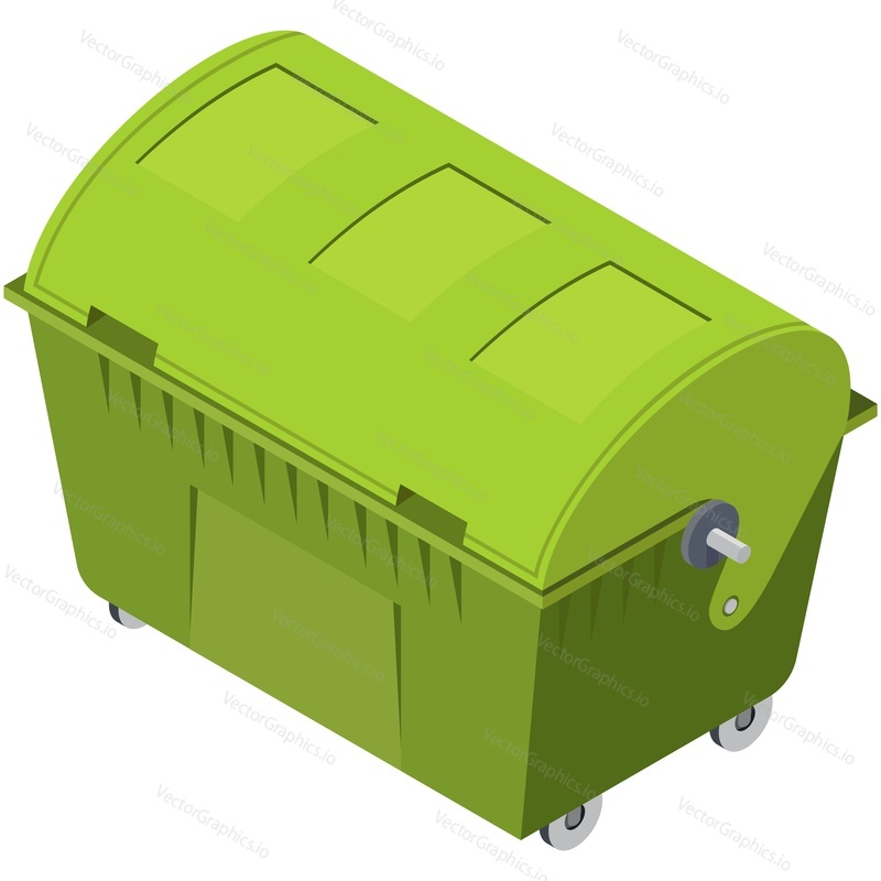 Garbage dumpster vector. Trash container icon. Isometric 3d green clean large box for waste recycling illustration isolated on white background