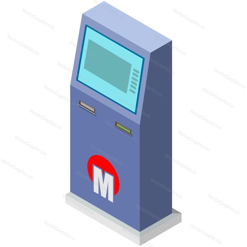 Metro train ticket machine station interior vector. Isometric self service Self service automatic electronic kiosk for ravel card payment isolated on white background