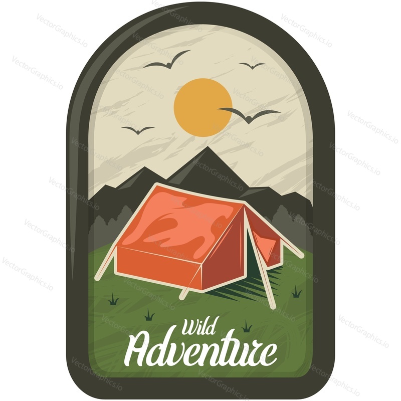 Outdoor adventure vintage label. Family road travel vector badge. Trailer bus in mountain forest illustration isolated on white background