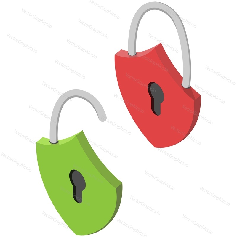 Close and open lock vector icon. Isometric shield shape locker with keyhole isolated on white background. Access control and protection, cyber security