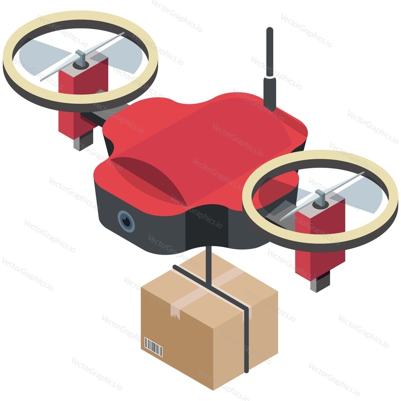 Drone parcel delivery isometric vector. 3d quadcopter with box package hover isolated on white background. Aircraft cargo shipping, fast freight shipment. Postal express air delivery service