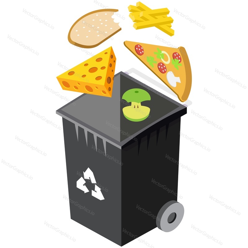 Garbage bin for organic waste isometric vector icon. Plastic can for green bio product food colleting and recycling isolated on white background. Environmental and ecology conservation