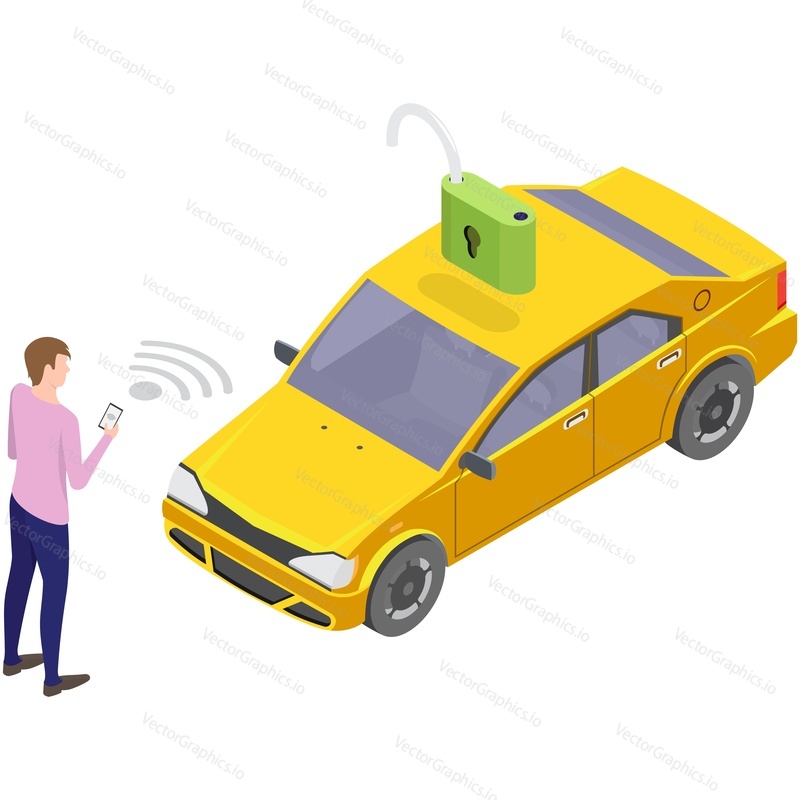 Man booking car via mobile phone app vector icon. Isometric customer character standing front of unlocked car ready for carsharing or carpooling isolated on white background