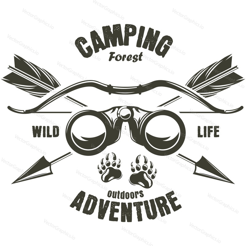 Vintage camping forest label vector. Bear pad, crossbow and crossed arrow, binoculars outdoor adventure camp logo isolated on white background