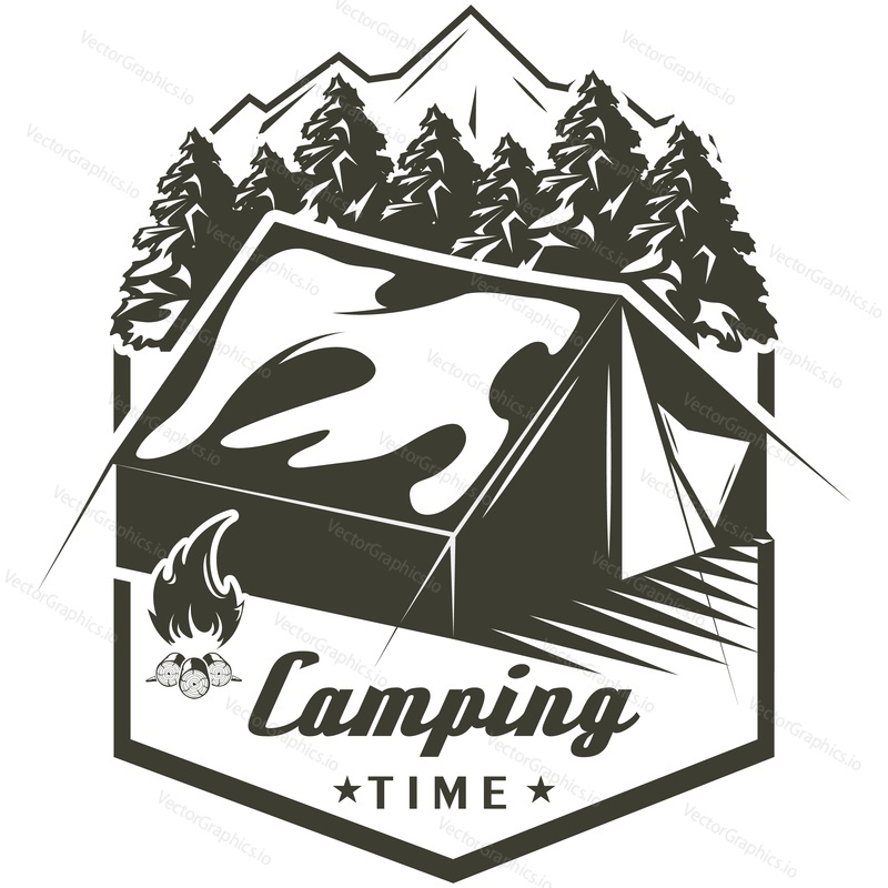 Outdoor camp vintage vector logo. Adventure and travel, picnic on nature and survival in forest isolated retro label on white background