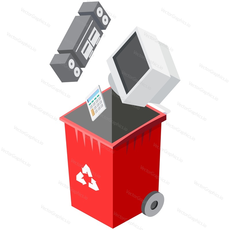 Electronic waste recycle garbage bin isometric vector. E-waste sorting icon. Electronics and hardware falling into trash box disposal basket isolated on white background