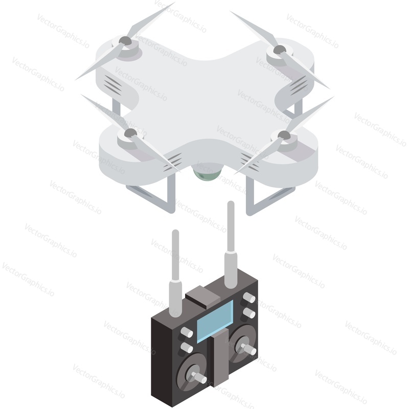 Drone isometric vector aerial robot 3d icon. Quadcopter with radio remote control box isolated on white background. Delivery, surveillance and security aircraft equipment