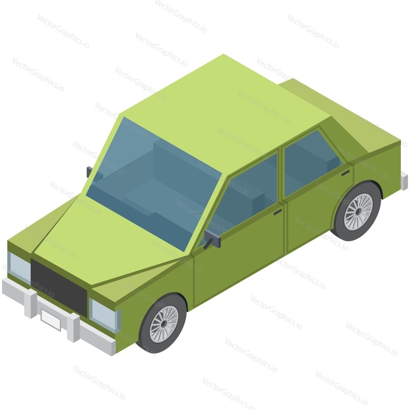 Isometric vintage green car. Vector vehicle, 3d auto isolated on white background. Retro automobile icon. City road transport