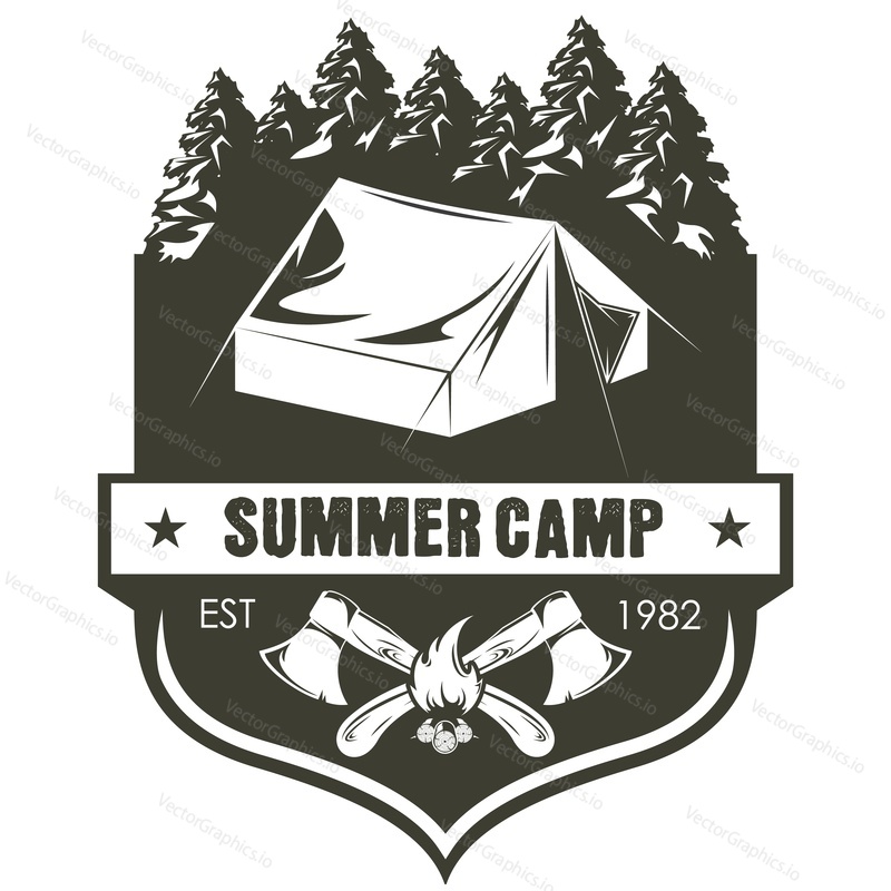 Summer camp in forest vector vintage label. Badge with travel tent, outdoor campfire and crossed axe isolated on white background