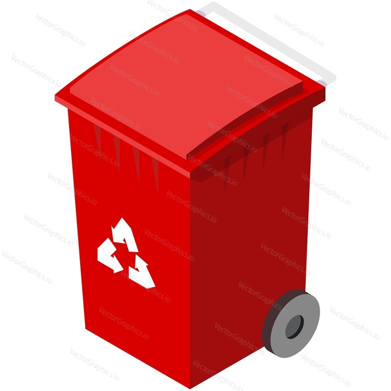 Trash recycle can isometric vector. Red garbage bin, waste dustbin plastic container, eco box isolated on white background