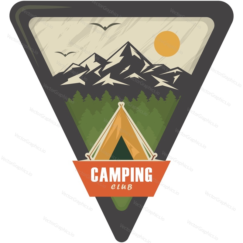 Camping club vector logo. Vintage camp label. Adventure and travel in mountain isolated on white background. Tent on forest and rock range landscape. Outdoor expedition and tourism emblem