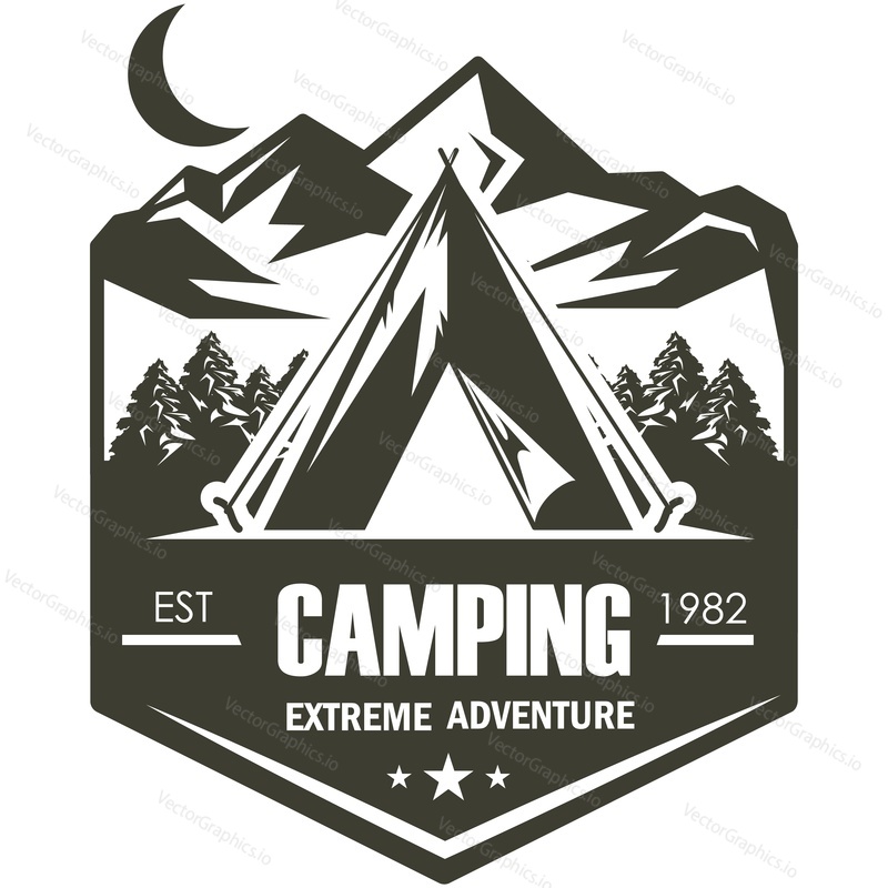 Extreme adventure and camping in mountain forest vintage label. Nature camp graphic sticker emblem isolated on white background. Travel expedition and mountaineering