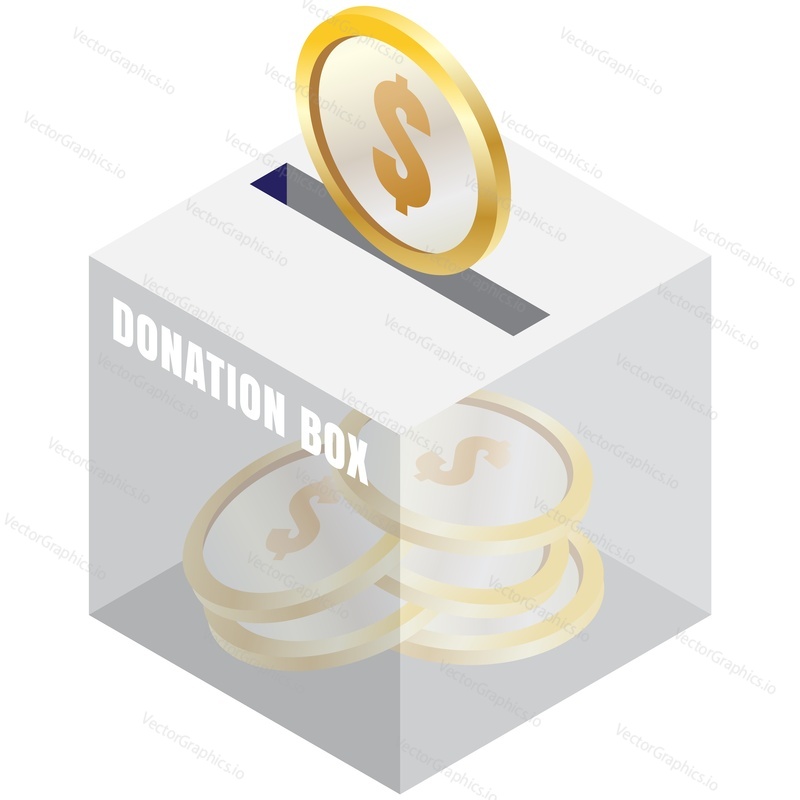 Isometric money donation box. Online financial charity vector. Crowdfunding and philanthropy support icon isolated on white background