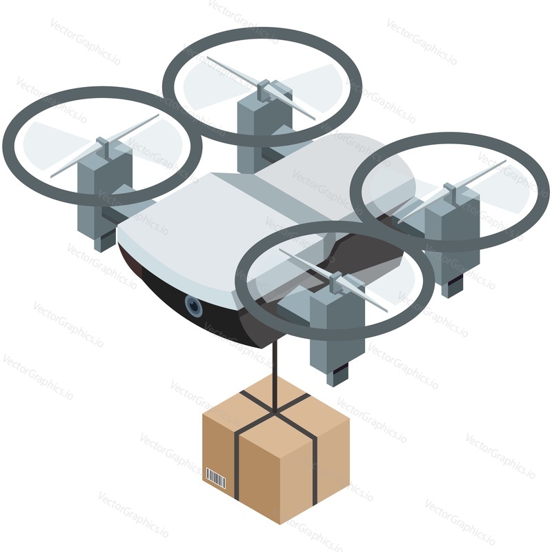 Isometric drone parcel box delivery and logistic3d vector. Remote control air unmanned robot with rotor and camera shipping package. Aircraft express cargo shipment and fast transportation