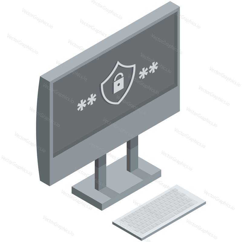 Počítačové heslo vektor. Zabezpečení přístupu, data safe a uživatelské jméno secure form icon. Izometrické PC monitor, klávesnice a přihlašovací údaje na obrazovce izolovaných na bílém pozadí