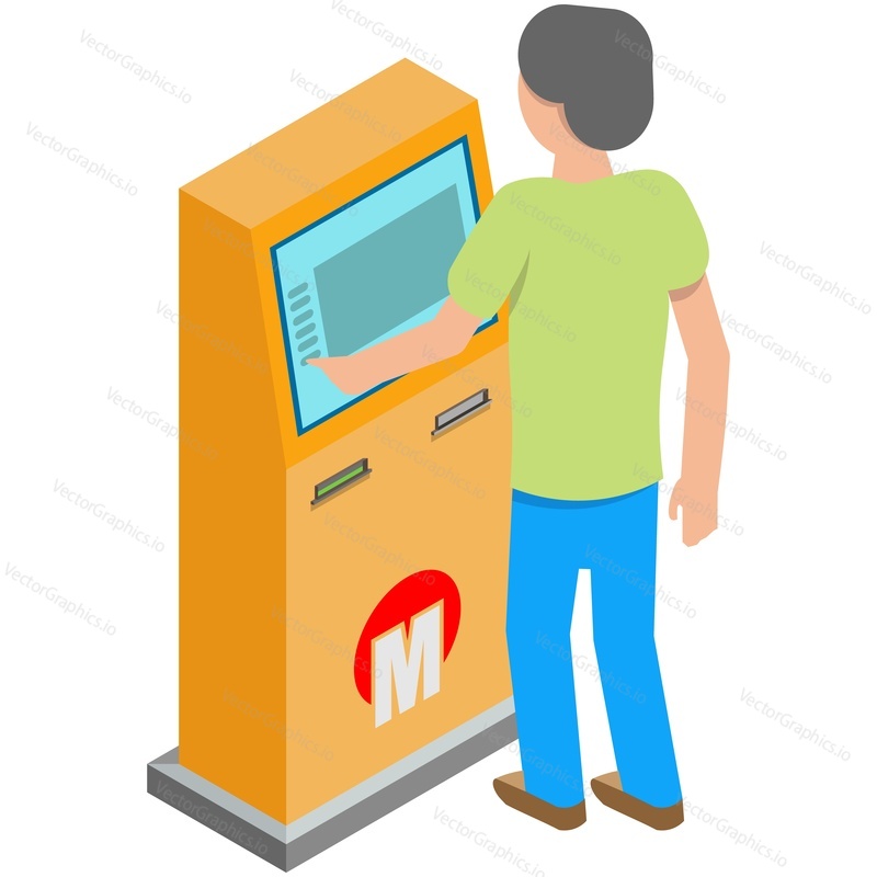 Man buying metro train ticket in atm booth vector. Passenger and automatic vending machine isolated on white background. City subway equipment