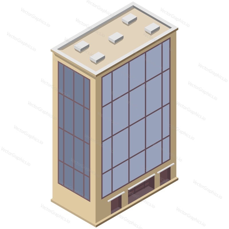 Izometrická budova města moderní obchodní kancelář 3D vektor. Ilustrace ikony exteriéru inteligentního domu pro architekturu městské mapy. Komerční nebo rezidenční nemovitosti izolovaných na bílém pozadí