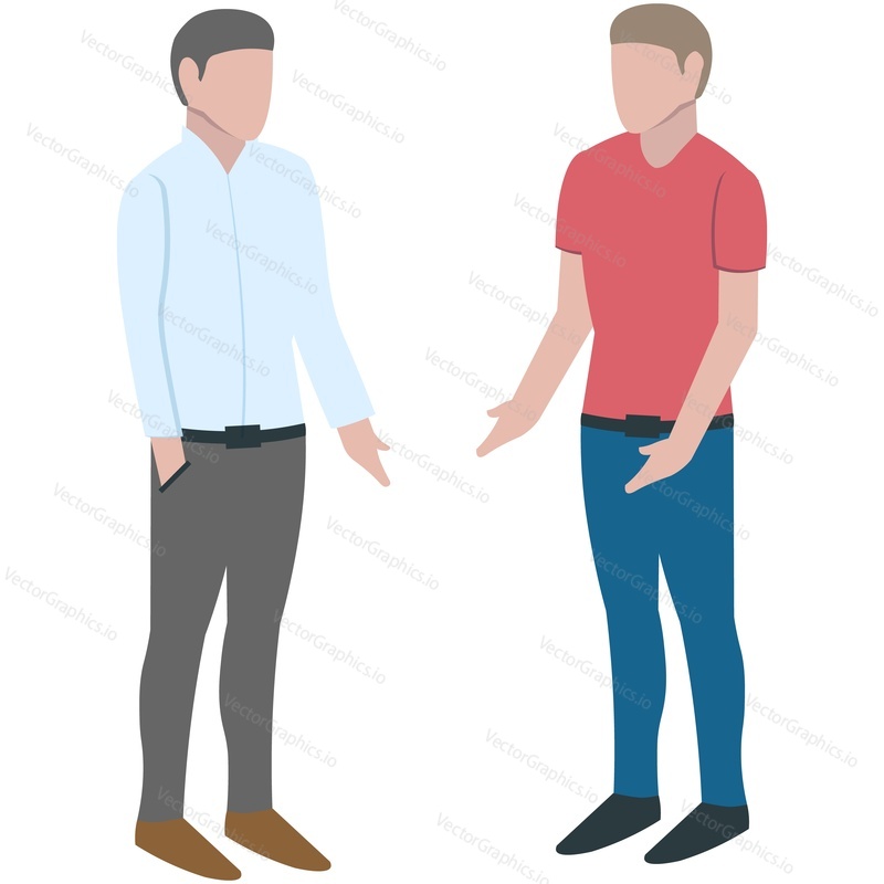 Isometric people. Vector man conversation. Talking 3d character. Two young male person meeting having nice communication standing isolated on white background