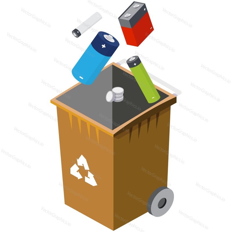 Recycle garbage plastic bin for battery waste isometric vector. E-waste sorting basket isolated on white background. Ecology care, environment pollution presentation and nature conservation