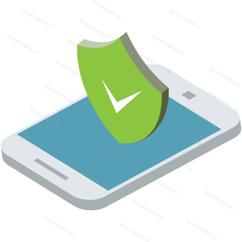 Isometric shield over phone vector icon. Smartphone data protection and internet security isolated on white background. Private account, transaction from cellphone safety. Password confirmation