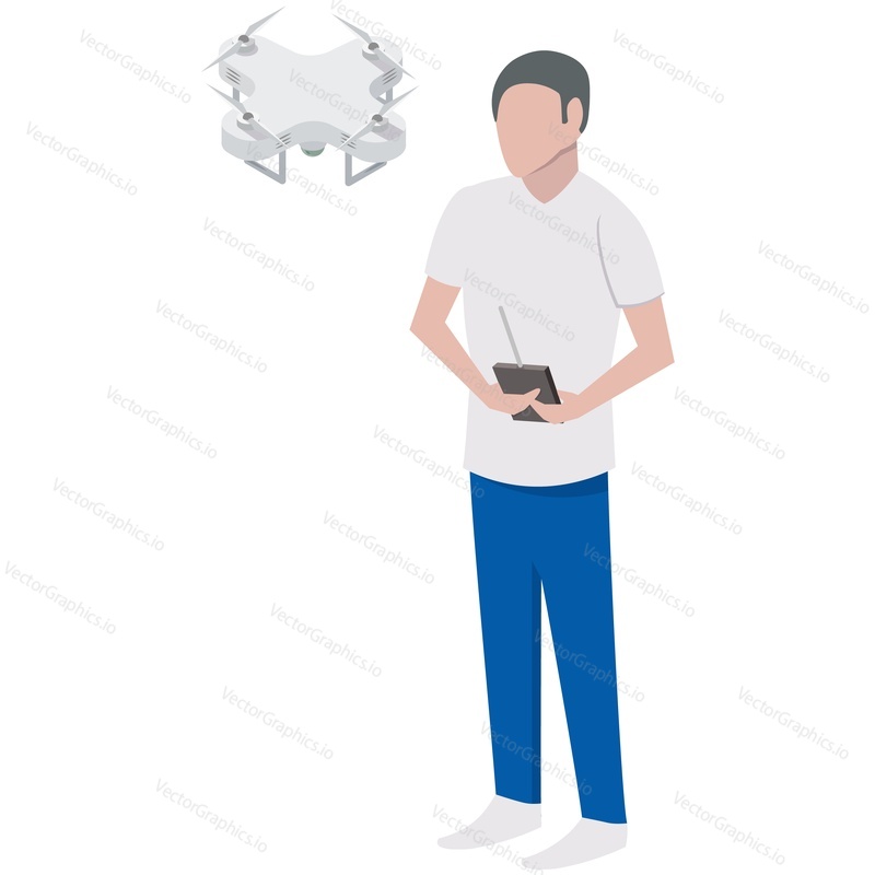 Isometric man operating remote control drone vector. Person character playing with quadrocopter isolated on white background