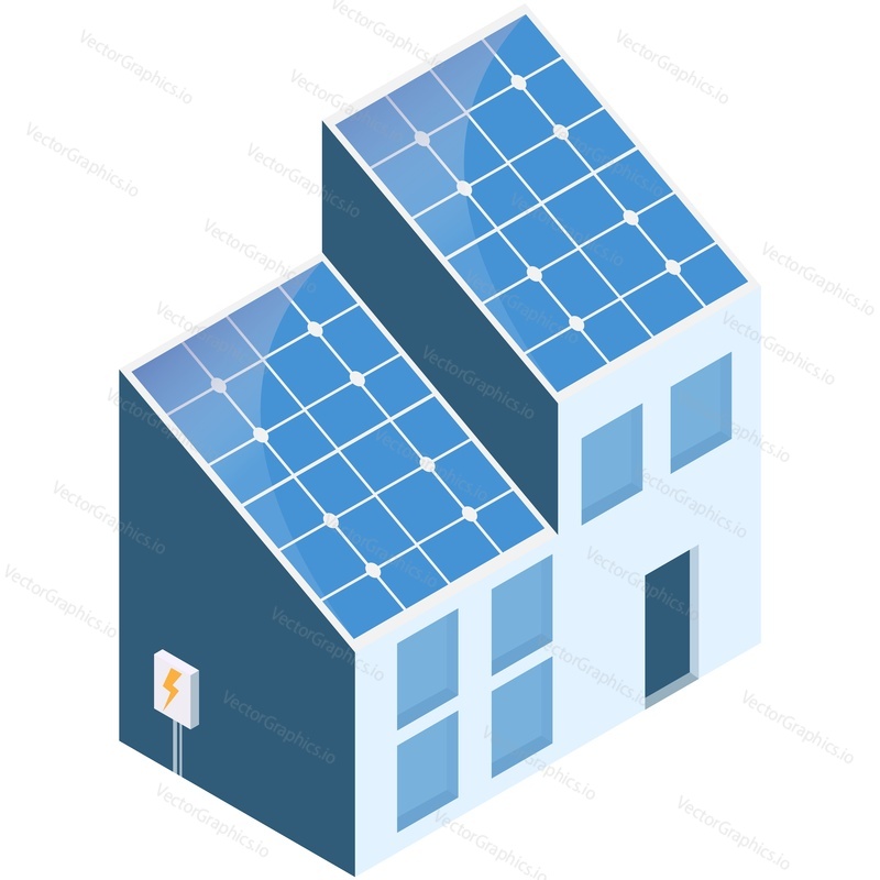 Solar house panel roof mounted isometric vector. Home building with energy power photovoltaic cell for electricity generation 3d icon isolated on white background