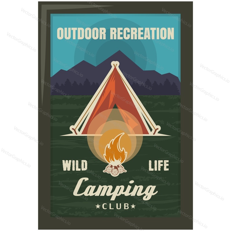 Camping club logo. Outdoor recreation vector emblem. Vintage badge with tent, bonfire at night landscape. Retro badge isolated on white background